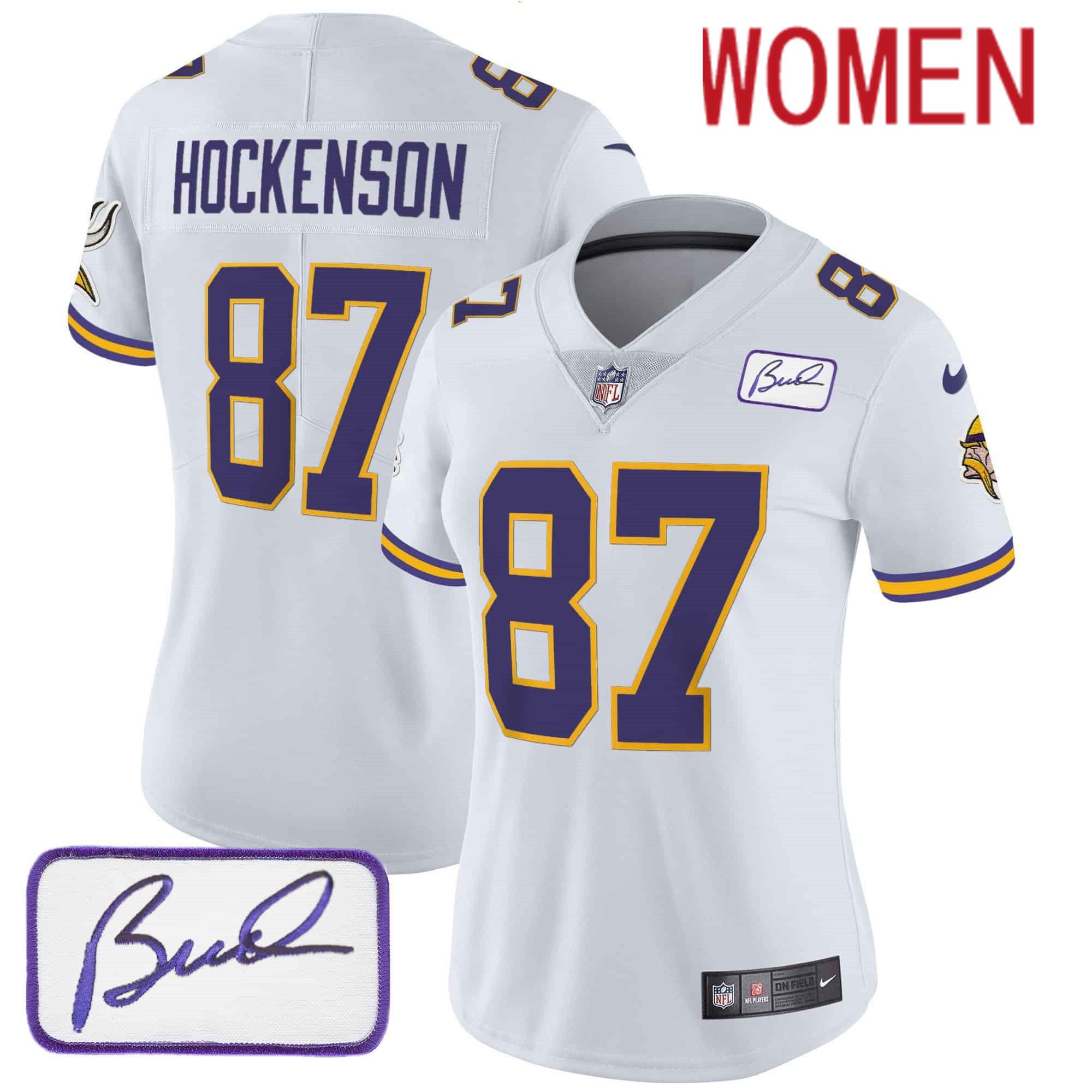 Women Minnesota Vikings 87 Hockenson White 2024 Nike Bud Grant Patch Classic Limited NFL Jersey style 1